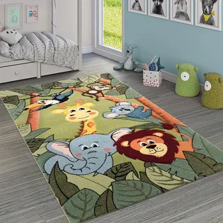 Paco Home Kinderteppich Kinderzimmer Dschungel Tiere Giraffe Löwe Affe Nilpferd Grün, Grösse:133 cm Quadrat