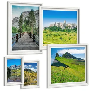 BILDER SET 5er Set - 50x50 cm & 20x30 cm & 40x60 cm Weißer Rahmen - Wasserfälle, Berge, Wolken, Herbst
