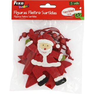 Fixo Kids 40499 Figuren aus Filz mit Kordelzug für Weihnachtsbaum: Schneeflocke, Tanne, Weihnachtsmann, Stern und Rentier, Rot