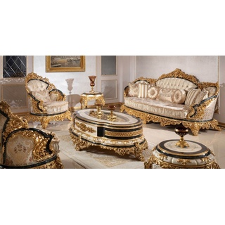 Casa Padrino Luxus Barock Wohnzimmer Set Gold / Weiß / Blau / Gold - 2 Sofas & 2 Sessel & 1 Couchtisch & 2 Beistelltische - Handgefertigte Wohnzimmer Möbel im Barockstil - Edel & Prunkvoll