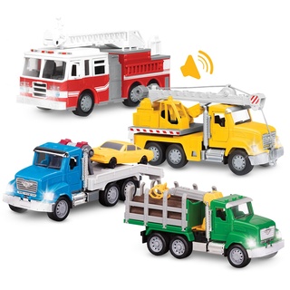 Driven Micro 4er Set Feuerwehr, Kran, Abschleppwagen und Holz Transport 20 cm – Spielzeugautos mit Geräuschen, Lichtern – Spielzeug LKWs ab 3 Jahren