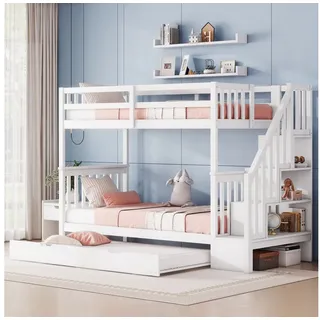 MODFU Etagenbett Kinderbett (Treppenregal, ausgestattet mit ausziehbares Rollbett, hohe Geländer, 90*200cm), ohne Matratze weiß