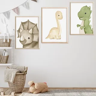 Ueiwffzo 3er Set Poster Kinderzimmer Bilder ohne Rahmen, Frische Cartoon Dinosaurier Wandbilder Wanddeko, Boho Deko Posters für Kinderzimmer Babyzimmer (30 x 40 cm)