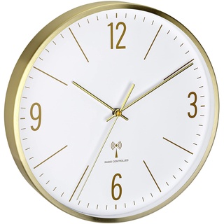 TFA Dostmann Analoge Funk-Wanduhr, 60.3534.55, 30cm, Goldener Metallrahmen, leises Uhrwerk, modernes Design, mit Glas-Abdeckung, Gold