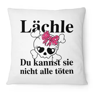 Fashionalarm Kissen Lächle du kannst sie nicht alle töten - 40x40 cm mit Füllung | Lustige Geburtstag Geschenk Idee mit Spruch & Totenkopf Motiv, Farbe:weiß
