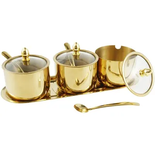 KTCINA Gewürzgläser mit Deckel und Löffel 3 Fächern Glasabdeckung Gewürzdosen Set mit Gewürzboard Edelstahl Mehl Zucker Salz Aufbewahrung Gold Edelstahldosen Auslaufsicher für Küche und Esstisch