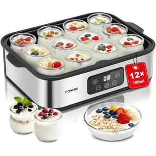 FOHERE Joghurtbereiter 25W inkl. 12 Glasbehälter à 180 ml für bis 2,16L Selbstgemachten Joghurt, Griechischer Joghurtmaschine mit Temperatur und Timer, LCD Display, Abschaltautomatik, BPA-frei