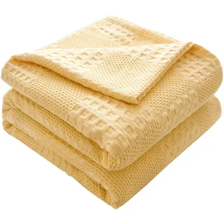 Hayisugal Tagesdecke 100% Baumwolle Kuscheldecke Leichte Wohndecke in Waffeloptik, Softe Überwurfdecke Bett, Sofa Überwurf Wohnzimmer Schlafzimmer Sommerdecke Baumwolldecke, Gelb, 150 x 200cm
