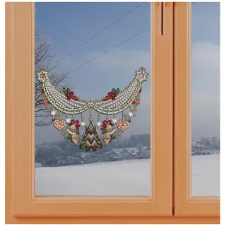 Winter-Fensterbild Advent - Zeit der Vorfreude Vogtländische Spitze | Fensterdeko für Winter und Weihnachten Höhe x Breite 25 x 35 cm | Spitzenbild mit Tannenbaum, Glöckchen und Lebkuchenherzen
