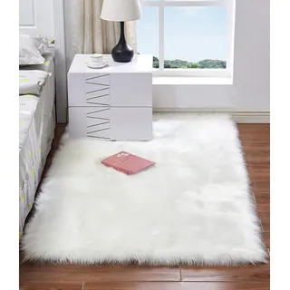 HARESLE Weiß Flauschig Teppich 90x160cm Hochflor Teppiche für Schlafzimmer | 6cm langflor, Rutschfest Kunstwildleder, Waschbarer, für Wohnzimmer,Kinderzimmer, Babyzimmer