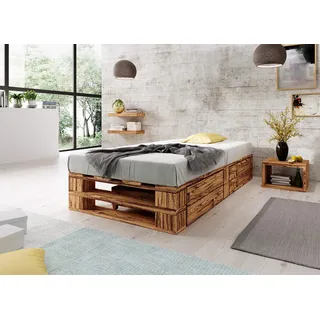 Lermowood Palettenbett M2 aus Holz 100 x 200 cm Geflammt mit Lattenrost und 2 Bettkästen Holzbett 30cm Stabiles Seniorenbett Kinderbett Jugendbett Gästebett erhöhtes Bettgestell Futonbett Komforthöhe