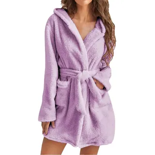 IQYU Bademantel Damen Kurz Flauschig - Saunamantel Warm Kuschelbademantel Ohne Kapuze Morgenmantel Langarm Hausmantel-Flauschiger BademäNtel-Microfaser Saunabademantel, Geschenke FüR Frauen - Small