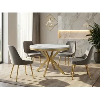 WFL GROUP Esstisch Dina ausziehbar rund industrial mit goldenen Metallbeinen (MADE IN EU, erhältlich in 3 Größen – 90/100/120 cm ausziehbar auf 170/180/200 cm), platzsparender Tisch in Holzoptik für Küche, Esszimmer oder Wohnzimmer weiß 90.00 cm x 76.00 cm x 90.00 cm