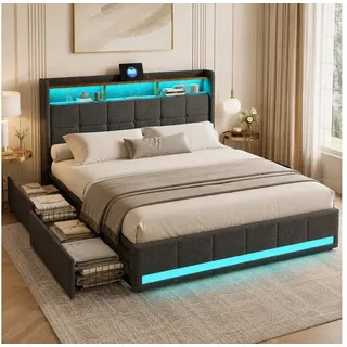 Simurq Stauraumbett 140x200 cm Polsterbett Doppelbett Mit LED Und USB, 4 Schubladen (Set, Ohne Matratze), Funktionsbett Stauraumbetten Stauraumbett Boxspringbett Jugendbett grau