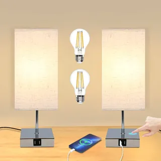 GBLY 2er set Nachttischlampe Touch: Modern Dimmbar Tischlampe mit USB Anschlüsse Schlafzimmer Nachttisch Lampe mit Ladefunktion Bettlampe mit Stoffschirm Tischleuchte E27 für Hotel Bett Büro Flur