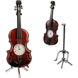 kleine - Tischuhr/Miniatur - Uhr - Violone - Geige/Kontrabass - mit Ständer - aus Metall - 14 cm - batteriebetrieben - Analog - Batterie - braun - schwarz..