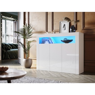 SONNI Kommode Sideboard Weiß Hochglanz mit LED Beleuchtung, Kommodenschrank Sideboard für Küche und Esszimmer, Wohnzimmer weiß 116 cm