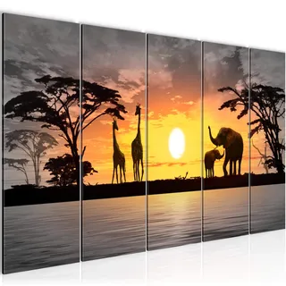 Runa Art Wandbild XXL Afrika Sonnenuntergang Wohnzimmer Schlafzimmer 200 x 80 cm Rosa Grau 5 Teilig - Made in Germany - 000255c