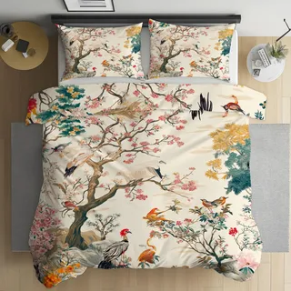 LLponhg Bettwäsche 135x200 Kirschblütenbaum Vogel Bettwäsche Set, Weich Microfaser Kuschelige Bettwäsche, Vintage-Stil im chinesischen Stil Wendebettwäsche Bettbezug und Kissenbezug 80x80cm