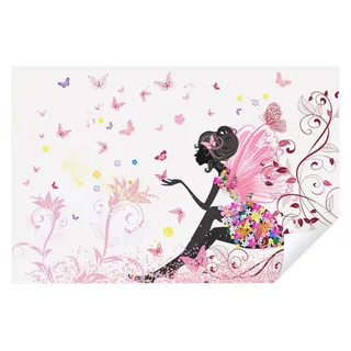 WallArena Fototapete Mädchen Fee Kinderzimmer Rosa Blumen Schmetterlinge Wandtapete Vlies Tapete Latexdruck UV-Beständig Montagefertig (152x104 cm)