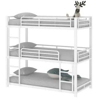 OKWISH Metallbett Funktionsbett,Etagenbett,Eisenbett,Dreifach-Bettgestell (Dreifach-Etagenbett für Kinder, Jugendliche und Erwachsene, 90x200cm), ohne Matratze weiß