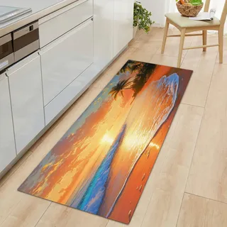 Langer Teppich Läufer Flur rutschfest 80 x 300 cm, Flurteppich Läufer Lang Mehrfarbig Flurläufer, Strand Wellen Palme Sonnenuntergang Küchenteppich Waschbar, Teppichläufer für Flur Wohnzimmer Küche