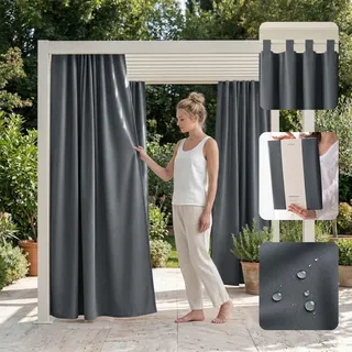 ROOM99 Outdoorvorhäng mit Schlaufen Garden Line 155 x 250 cm Breite x Höhe Outdoor Vorhang wetterfest Wasserdicht Sichtschutz Sonnenschutz Gardinen Garten Winddicht Dunkelgrau, 1 Stück