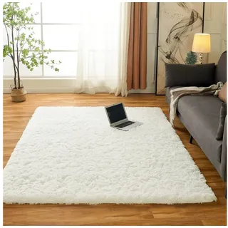 LuxusKollektion Hochflor-Teppich Bettvorleger Teppich Hochflor Waschbar Rutschfest 60×120 cm Creme weiß