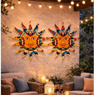 KAMACA Metall Sonne 2er Set Bunt Ø 30,5 cm – Wanddeko für Garten Balkon Terrasse – Metall Wandfigur Sonne mit Gesicht für Außen & Innen, Hauswand Deko Farbig