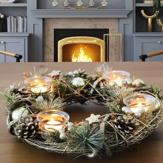 KAMACA XL Weihnachtskranz Dekokranz aus massiven Holzzweigen mit Deko wie Tannenzweigen und 4 Glas Kerzenhaltern Advent Weihnachten Deko Tisch (XL Adventskranz Gold 34 x 34 x 8 cm)