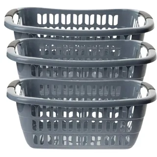 3er Set Wäschewanne groß 30 Liter, Wäschekorb Plastik Grau, Wäschewanne Kunststoff grau mit ergonomischen Griffen, vielseitig einsetzbar, 55x37x20 cm, Wäschekorb Made in EU