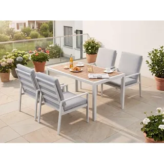 MeXo Gartenlounge-Set Lounge Gartenmöbelset Aluminium Wetterfest, (Garten Essgruppe für 4 Personen, 5-tlg., 4 Sessel, Esstisch 140x80x70 cm), 85 cm Rückenlehne, hoher Sitzkomfort weiß
