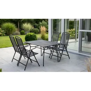 Gartenmöbel Set Metall Chania – Outdoor Möbel aus Streckmetall , Anthrazit – rechteckiger Tisch mit Klappsesseln – ideale Sitzgruppe für Garten