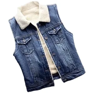LAPOOH Damen Jeansweste Für Den Winter, Fell Revers, Fleece Gefüttert, Flauschige Ärmellose Jean Gilet Weste, Ärmellose Weste Mit Revers Und Knopfleiste Für Damen