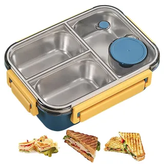 aus Edelstahl, auslaufsichere Salatbox mit 3 Fächern, Metall-Lunchboxen mit 3 Trennwänden, tragbarer Lunchbehälter mit großer Kapazität für Kinder und Erwachsene, 22,5 x 16,5 x 7 cm