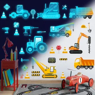 Transporte Auto Wandsticker Wandtattoo Kinderzimmer Jungen Auto Wandsticker Cartoon Fahrzeuge Leuchtend Wandaufkleber Traktor Bagger Leuchtsticker für Junge Mädchen Schlafzimmer Babyzimmer Wanddeko