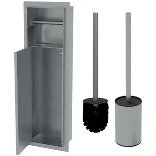 HAGO24 WC Modul Edelstahl gebürstet Einbauschrank Unterputz Wandnische 200x600mm Toilettenpapierhalter Bürstenhalter Push-to-Open befliesbare Tür - Silber