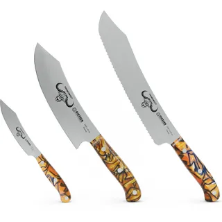 Giesser seit 1776 - Made in Germany - PremiumCut, Spicy Orange, Messerset 3 teilig, Kochmesser 20 cm, Brotmesser 25 cm, Officemesser 10 cm, Acryl, exotisch, rostfrei, Grillmesserset