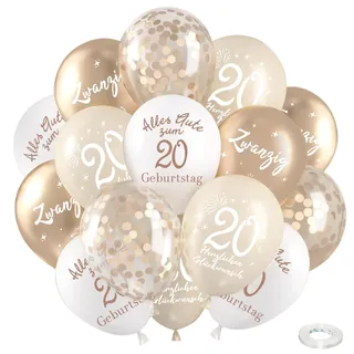 Deko 20. Geburtstag Luftballons Mädchen Junge, 24 Stück Luftballons 20 Jahre Geburtstag, Champagner Gold Weiß Ballons 20 Alles Gute zum Geburtstag, Happy 20th Birthday Balloons für Geburtstagsdeko