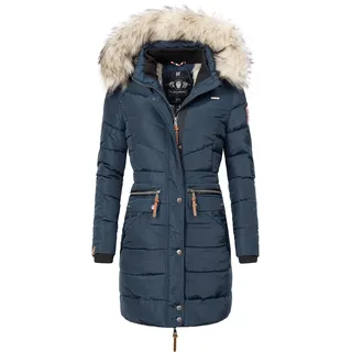 Navahoo Damen Wintermantel warmer Steppmantel lang mit abnehmbarer Kunstfell-Kapuze Paula Blau Gr. XXL - XXL