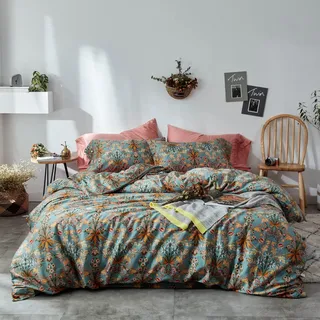 mixinni Bettbezug-Set im Vintage-Stil mit Reißverschluss, langstapelige Perkal-Baumwolle, gelbes lebendiges Muster auf blauem Bettwäsche-Set, Kingsize, alle Jahreszeiten
