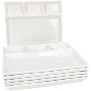 MamboCat 6er Set Fondueteller I Porzellan weiß I rechteckig mit 4 Fächern I 23 x 18 cm I unterteilter Teller für Fondue, Raclette, Snacks & Beilagen