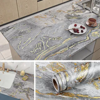 Livelynine Folie Arbeitsplatte Küche Marmor Grau mit Gold Vene Wasserfest Klebefolie Küchenfronten Küchenarbeitsplatte Badezimmer Möbelfolie Küche Marmor Tisch Marmor Tapete für Wand Grau Gold 40CMx2M
