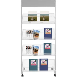 panfudongk Zeitschriftenständer Zeitungsständer Modern Metall Magazinhalter 4 Ebenen Rollregal Freistehend mit Rädern für Büro Empfangsbereiche Wartezimmer und Studios (Silber)