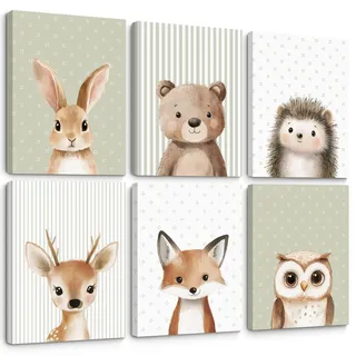 Waldtier-Kinderzimmer-Wandkunst, Dekoration, Baby-Poster, Safari-Tier-Wanddekoration, Dschungelwald-Drucke, Bär, Fuchs, Hirsch, Bilder, Salbeigrün, neutrales Kunstwerk für Schlafzimmer, 30,5 x 40,6 x