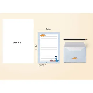 dabelino Liniertes Briefpapier-Set für Kinder: Dinosaurier (für Jungen, blau)
