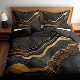 CozyRest Bettwäsche Set 180 x 200 cm Wende Bettbezug Set, Dunkelgrau, Marmor Schwarz Gold, Weiche Vier Jahreszeiten Bettbezug mit Reißverschluss und 80x80cm Kissenbezug