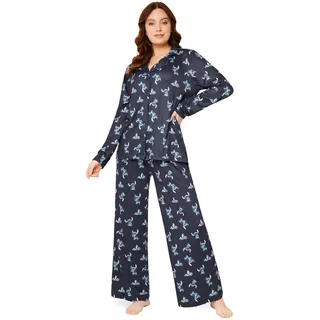 Disney Pyjama Damen S-XL, Stitch Schlafanzug Damen lang mit Knopfleiste, Schlafanzug für Damen, Geschenke (Marineblaue, XL) - XL