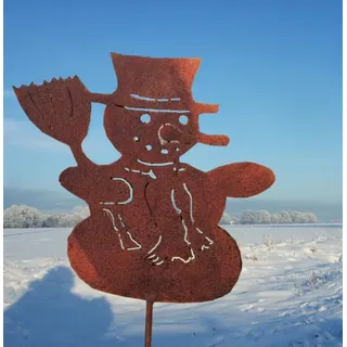 Antikas Weihnachtsfigur Schneemann auf Stab, Edelrost Dekoration Winter, Weihnachten braun