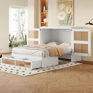 Sweiko Schrankbett 140 x 200 cm, Wandbett mit Lattenrost, Wandklappbett, vertikales schrankbett mit Lattenrost, mit Stauraumschubladen, Rattan-Desi... - Weiß